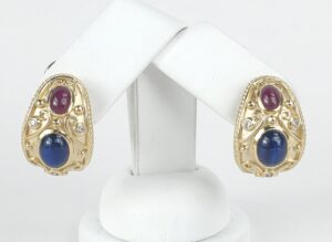 14k Yellow Gold 8.07ctw Cabochon Ruby Blue Sapphire Diamond Leverback Earrings