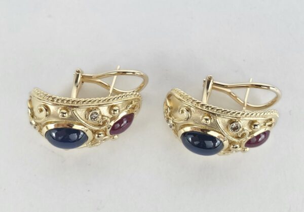 14k Yellow Gold 8.07ctw Cabochon Ruby Blue Sapphire Diamond Leverback Earrings - Image 7
