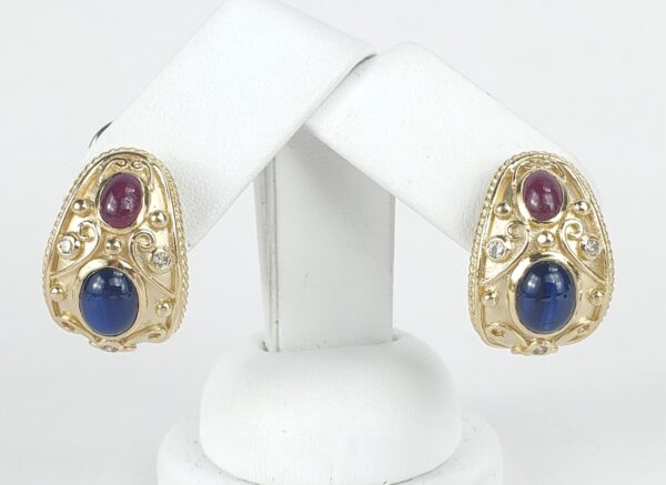 14k Yellow Gold 8.07ctw Cabochon Ruby Blue Sapphire Diamond Leverback Earrings