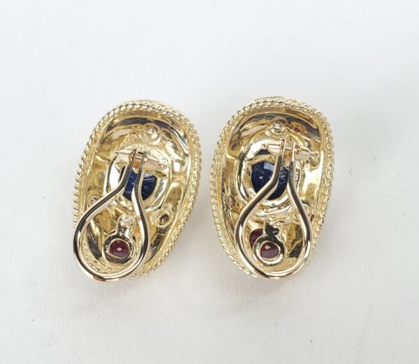 14k Yellow Gold 8.07ctw Cabochon Ruby Blue Sapphire Diamond Leverback Earrings - Image 8