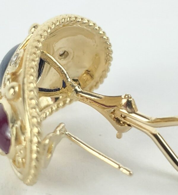 14k Yellow Gold 8.07ctw Cabochon Ruby Blue Sapphire Diamond Leverback Earrings - Image 9