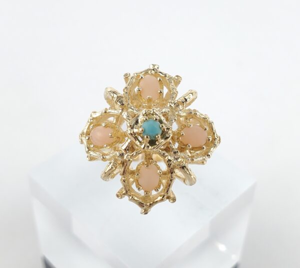14k Yellow Gold Coral Turquoise Open Work Cocktail Ring 7'' - Image 3