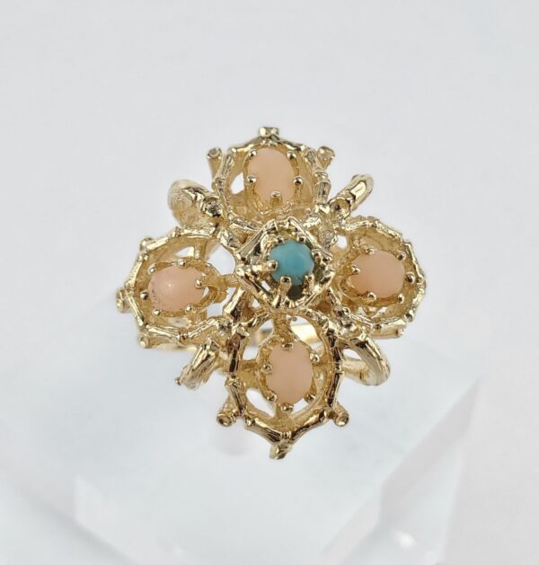 14k Yellow Gold Coral Turquoise Open Work Cocktail Ring 7'' - Image 4