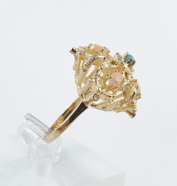 14k Yellow Gold Coral Turquoise Open Work Cocktail Ring 7'' - Image 5