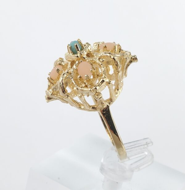 14k Yellow Gold Coral Turquoise Open Work Cocktail Ring 7'' - Image 6
