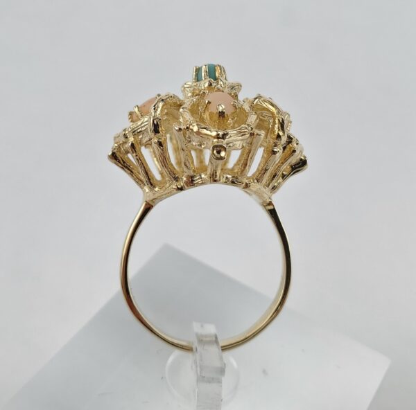 14k Yellow Gold Coral Turquoise Open Work Cocktail Ring 7'' - Image 7