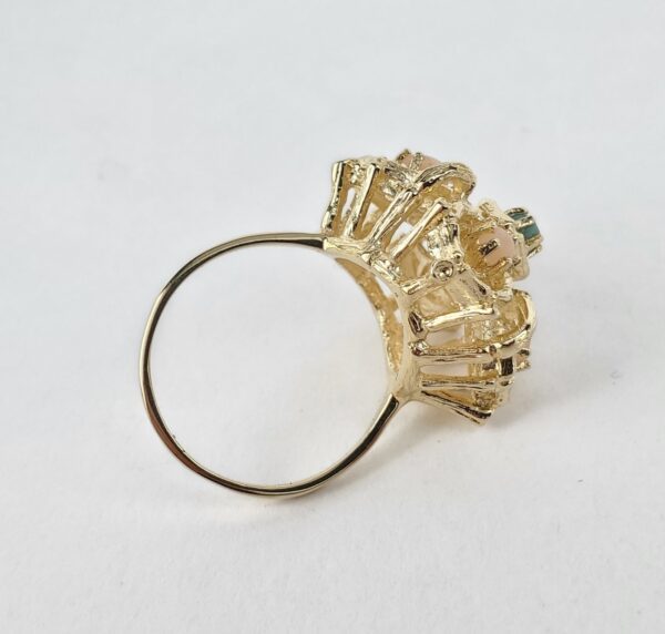 14k Yellow Gold Coral Turquoise Open Work Cocktail Ring 7'' - Image 8