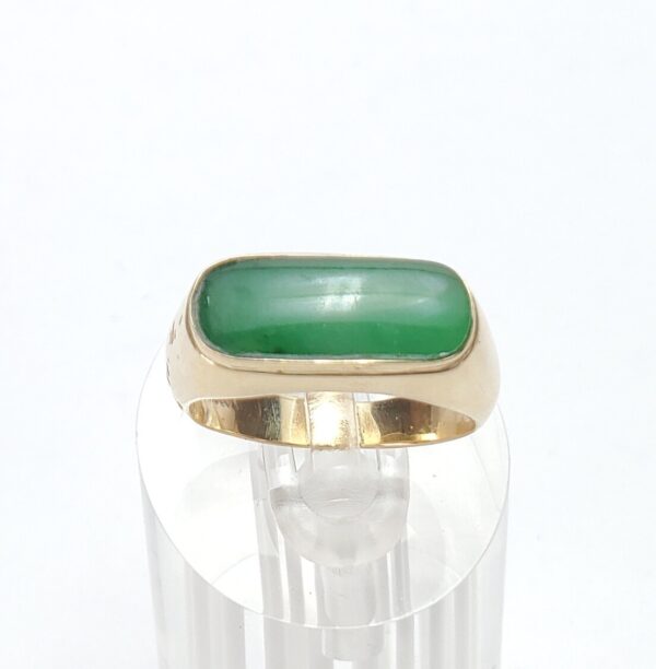 14k Yellow Gold Natural Green Jadeite Jade Bezel Set Saddle Ring 7'' - Image 3