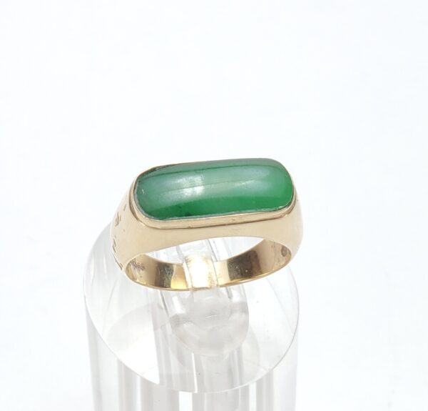 14k Yellow Gold Natural Green Jadeite Jade Bezel Set Saddle Ring 7'' - Image 4