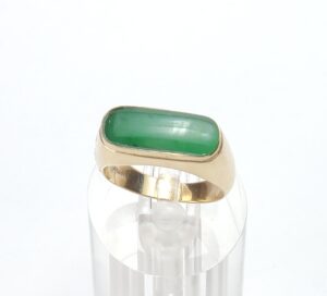 14k Yellow Gold Natural Green Jadeite Jade Bezel Set Saddle Ring 7''