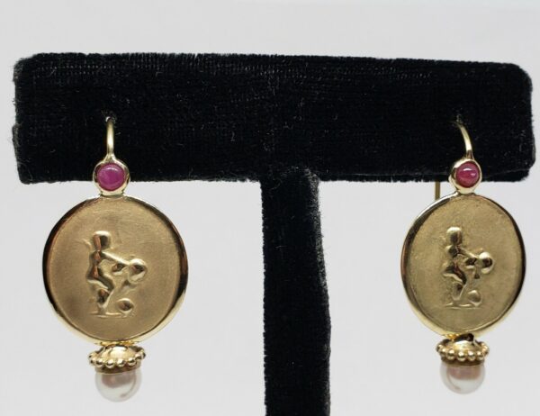 14k Yellow Gold Ruby Cabochon Pearl Drop Hook Leverback Erotica Earrings - Image 3