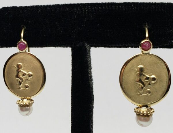 14k Yellow Gold Ruby Cabochon Pearl Drop Hook Leverback Erotica Earrings - Image 4