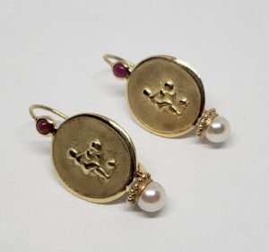 14k Yellow Gold Ruby Cabochon Pearl Drop Hook Leverback Erotica Earrings