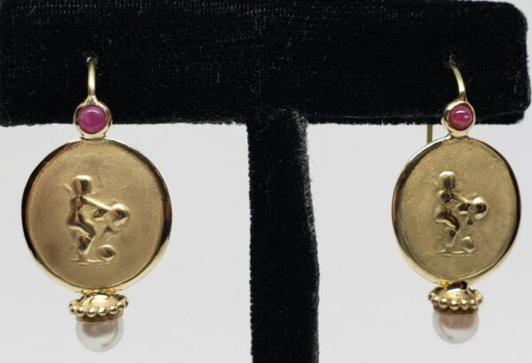 14k Yellow Gold Ruby Cabochon Pearl Drop Hook Leverback Erotica Earrings - Image 5