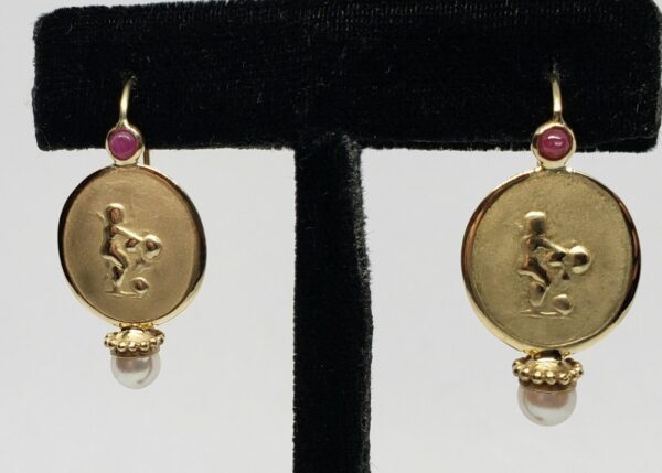14k Yellow Gold Ruby Cabochon Pearl Drop Hook Leverback Erotica Earrings - Image 6