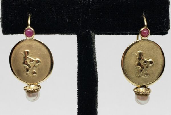 14k Yellow Gold Ruby Cabochon Pearl Drop Hook Leverback Erotica Earrings - Image 7
