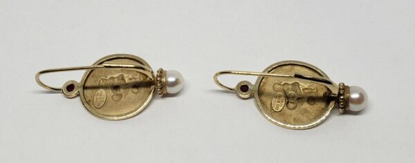 14k Yellow Gold Ruby Cabochon Pearl Drop Hook Leverback Erotica Earrings - Image 9