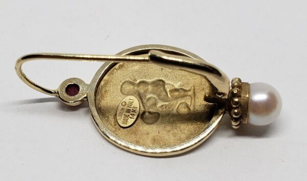 14k Yellow Gold Ruby Cabochon Pearl Drop Hook Leverback Erotica Earrings - Image 10