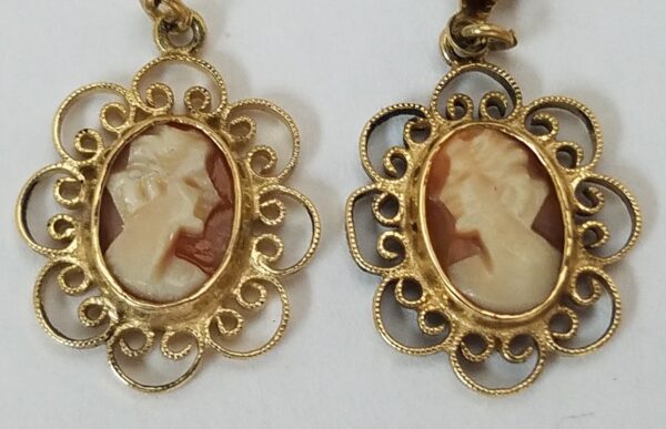 14k Yellow Gold Vintage Carved Shell Cameo Drop Down Filigree Earrings - Image 3