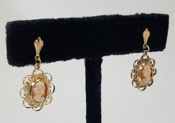 14k Yellow Gold Vintage Carved Shell Cameo Drop Down Filigree Earrings - Image 4
