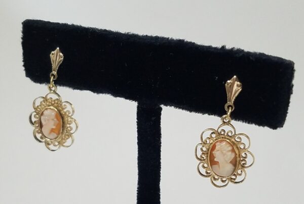 14k Yellow Gold Vintage Carved Shell Cameo Drop Down Filigree Earrings - Image 5