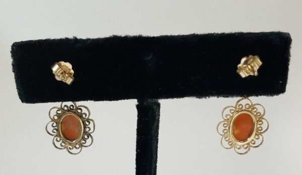 14k Yellow Gold Vintage Carved Shell Cameo Drop Down Filigree Earrings - Image 6