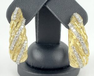 18k Multi-Tone Gold 1.67ctw Natural Diamond Large Textured Hoop Clip-On Earrings