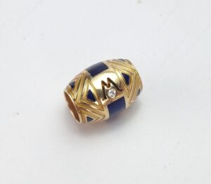 18k Yellow Gold Monogram Initial "M" Blue Enamel Bead Slider Pendant 5/8''