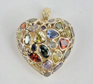18k Yellow Gold Mosaico Multi Colored Puffed Heart Love Drop Pendant 1 1/2''