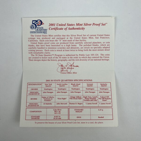 2001 S US Mint Silver Proof Set in OGP with COA 10 coin set - Image 8