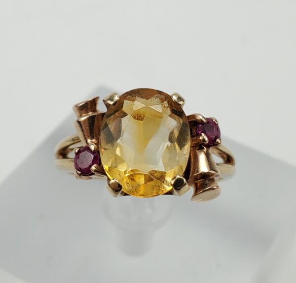 Retro 14k Yellow Gold 2.12ctw Citrine Ruby Scroll Work Cocktail Ring 5.25'' - Image 3