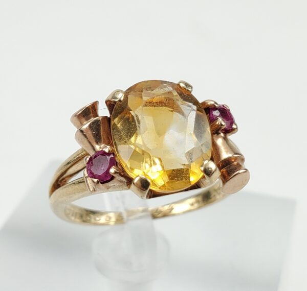 Retro 14k Yellow Gold 2.12ctw Citrine Ruby Scroll Work Cocktail Ring 5.25'' - Image 4