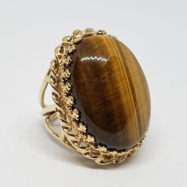 Vintage 14k Yellow Gold Large 21.5c Tiger's Eye Cabochon Solitaire Cocktail Ring - Image 4