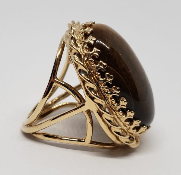 Vintage 14k Yellow Gold Large 21.5c Tiger's Eye Cabochon Solitaire Cocktail Ring - Image 5