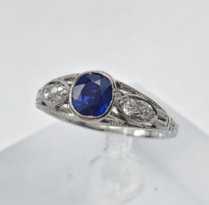 Vintage 18k White Gold .68ctw Natural Blue Sapphire Diamond Filigree Ring 3.5''