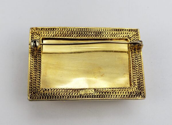Vintage Silver Chinese Scene Gold Tone Engraved Carved Filigree Brooch Pin - Image 9