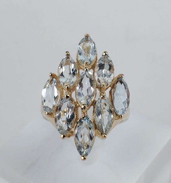 10k Yellow Gold 3.00ctw Aquamarine Navette Cluster Cocktail Band Ring 6'' - Image 3