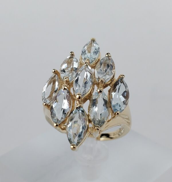 10k Yellow Gold 3.00ctw Aquamarine Navette Cluster Cocktail Band Ring 6'' - Image 4