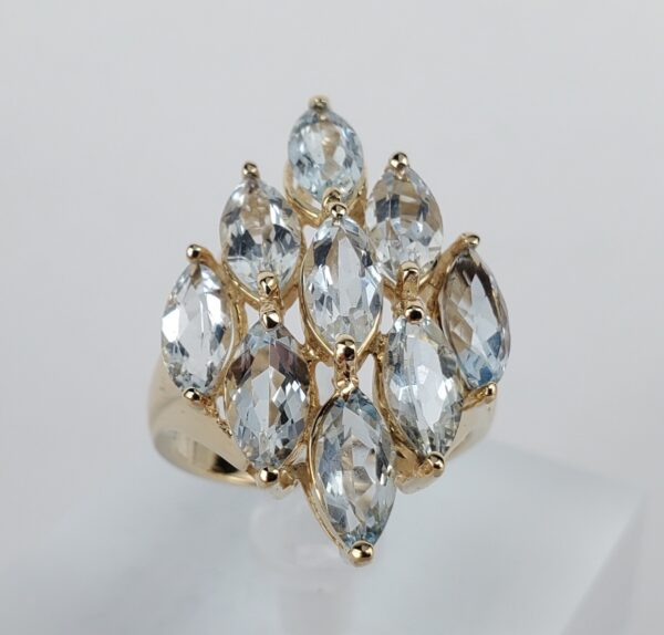 10k Yellow Gold 3.00ctw Aquamarine Navette Cluster Cocktail Band Ring 6'' - Image 5