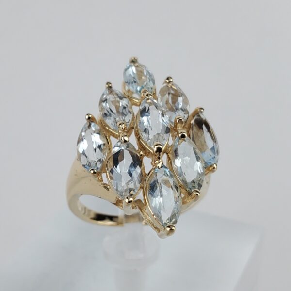 10k Yellow Gold 3.00ctw Aquamarine Navette Cluster Cocktail Band Ring 6'' - Image 6