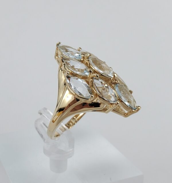 10k Yellow Gold 3.00ctw Aquamarine Navette Cluster Cocktail Band Ring 6'' - Image 7