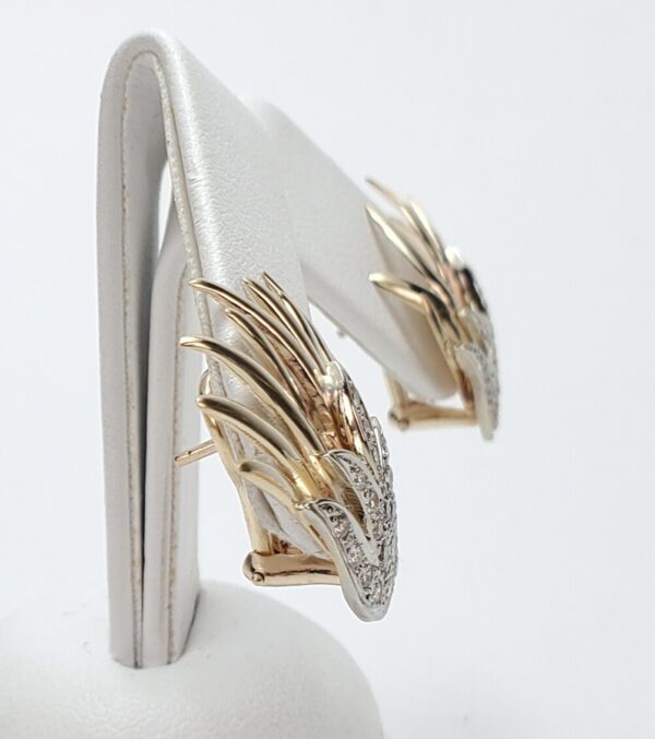 14k Multi-Tone Gold Pave Diamond Omega Leverback Feather Bird's Wings Earrings - Image 11