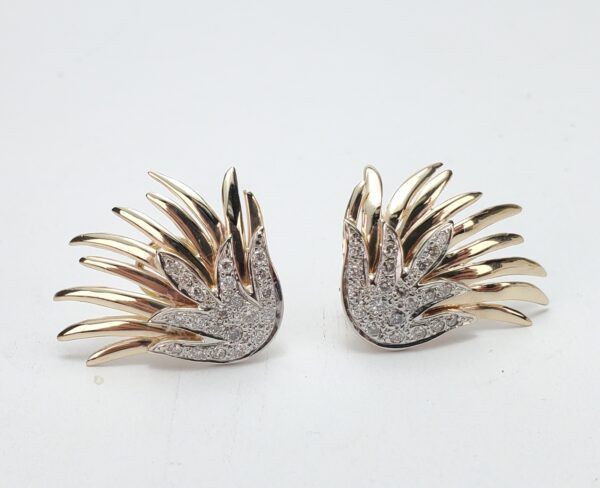 14k Multi-Tone Gold Pave Diamond Omega Leverback Feather Bird's Wings Earrings - Image 3
