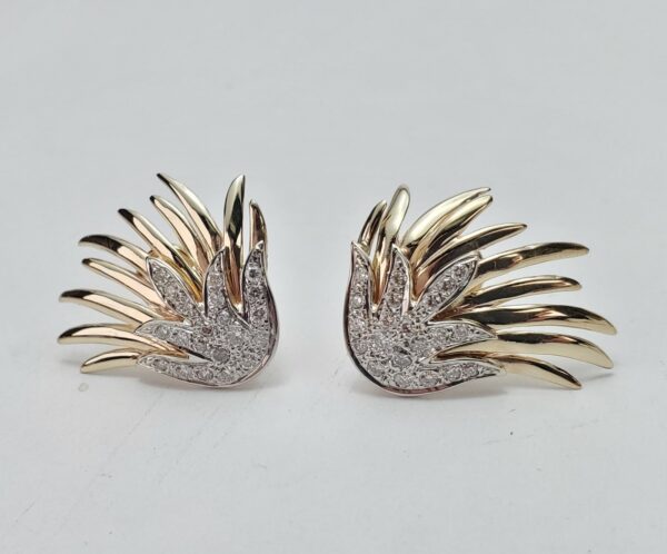 14k Multi-Tone Gold Pave Diamond Omega Leverback Feather Bird's Wings Earrings - Image 4