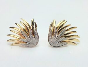 14k Multi-Tone Gold Pave Diamond Omega Leverback Feather Bird's Wings Earrings