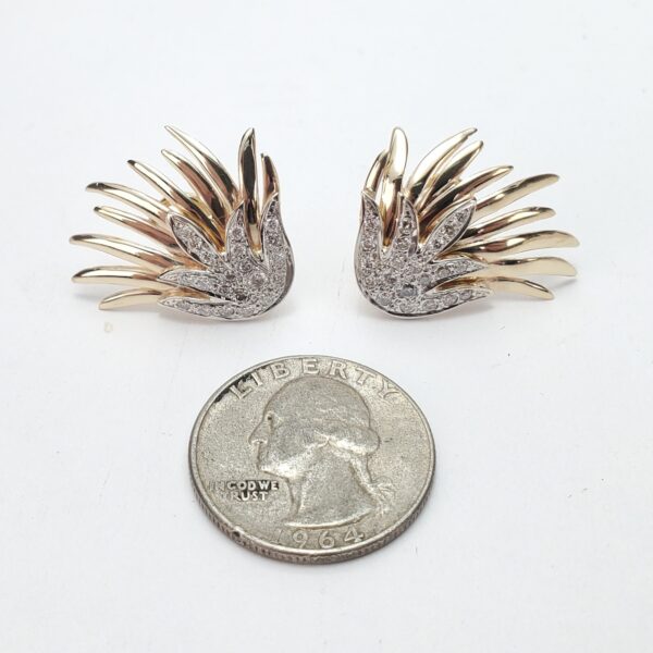 14k Multi-Tone Gold Pave Diamond Omega Leverback Feather Bird's Wings Earrings - Image 5