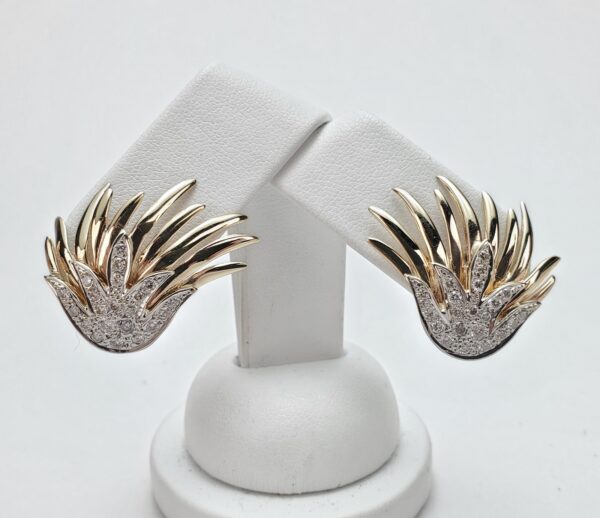 14k Multi-Tone Gold Pave Diamond Omega Leverback Feather Bird's Wings Earrings - Image 6