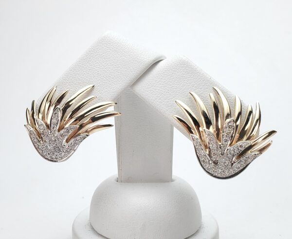 14k Multi-Tone Gold Pave Diamond Omega Leverback Feather Bird's Wings Earrings - Image 7