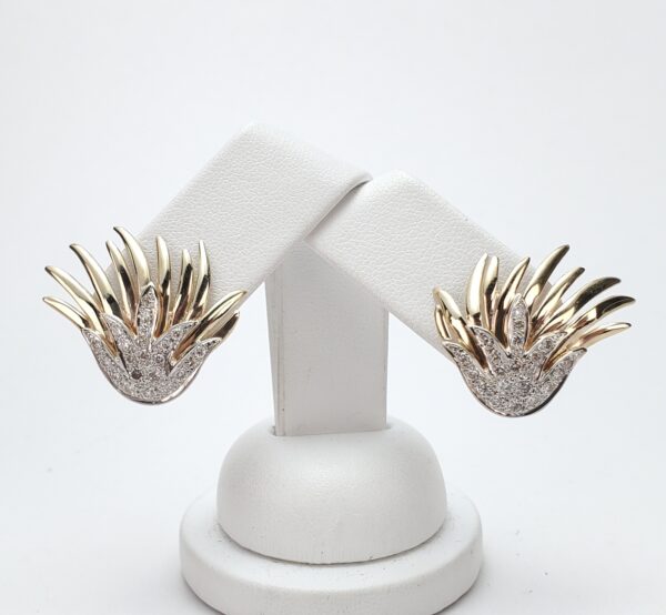 14k Multi-Tone Gold Pave Diamond Omega Leverback Feather Bird's Wings Earrings - Image 8