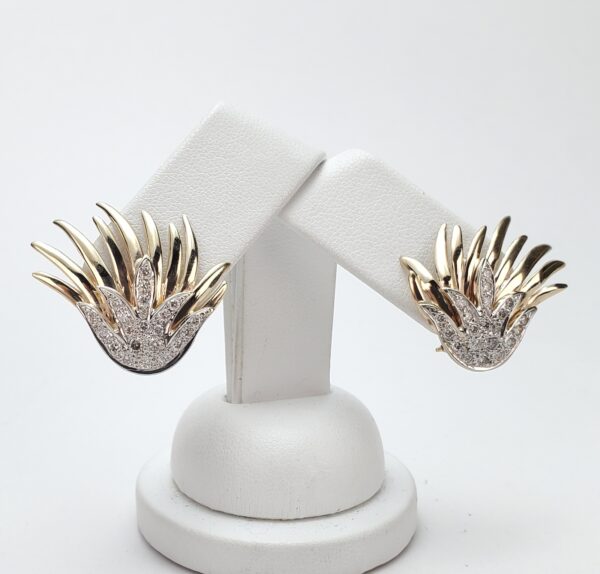 14k Multi-Tone Gold Pave Diamond Omega Leverback Feather Bird's Wings Earrings - Image 9